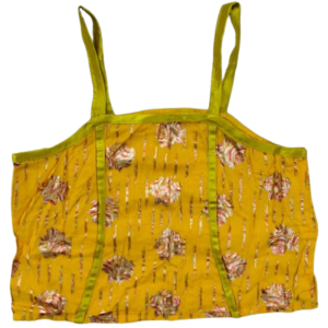 Yellow floral top with short sleeves and a vibrant flower pattern, perfect for casual and summer wear.