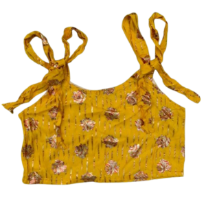 Women's yellow floral top with a bright floral pattern, short sleeves, and a relaxed, breezy fit.