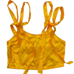 Women's yellow satin top with a smooth, shiny finish, featuring a stylish design and a flattering fit.
